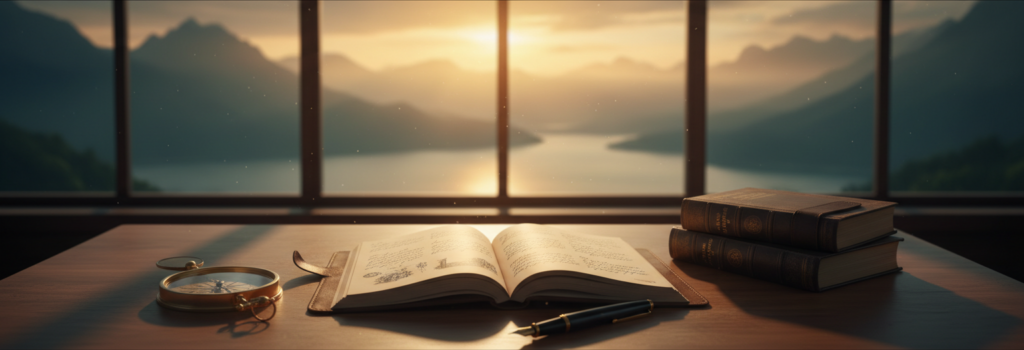 Warm sunrise over mountains and a lake viewed through a wide window, with an open notebook, fountain pen, brass compass, and two leather-bound books on a wooden desk — aspirational scholarly scene.